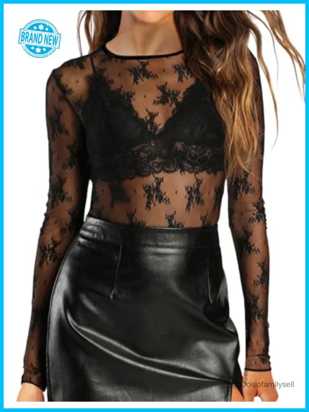 Women's Mesh Long Sleeve Sheer Lace Blouse Crew Neck Party Club Top